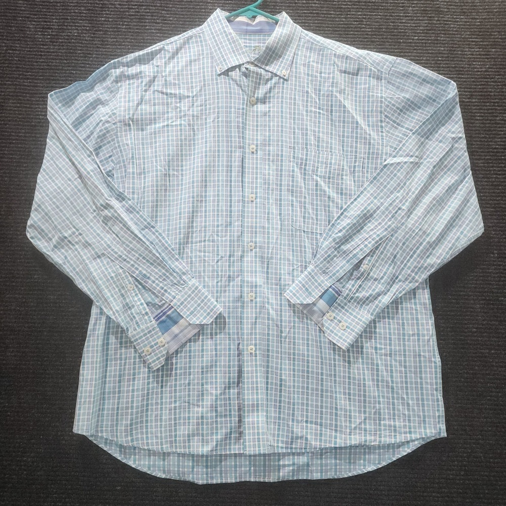Alan Flusser Shirt Mens L Blue Aqua Plaid 100% Cotton Button Down Long Sleeve